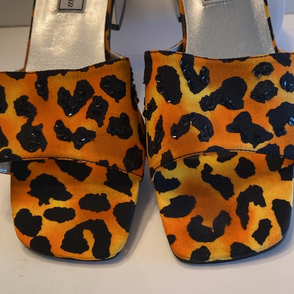 Diane Gilman leopard orange black sequin square toe chunky block heel slides - Picture 2 of 16